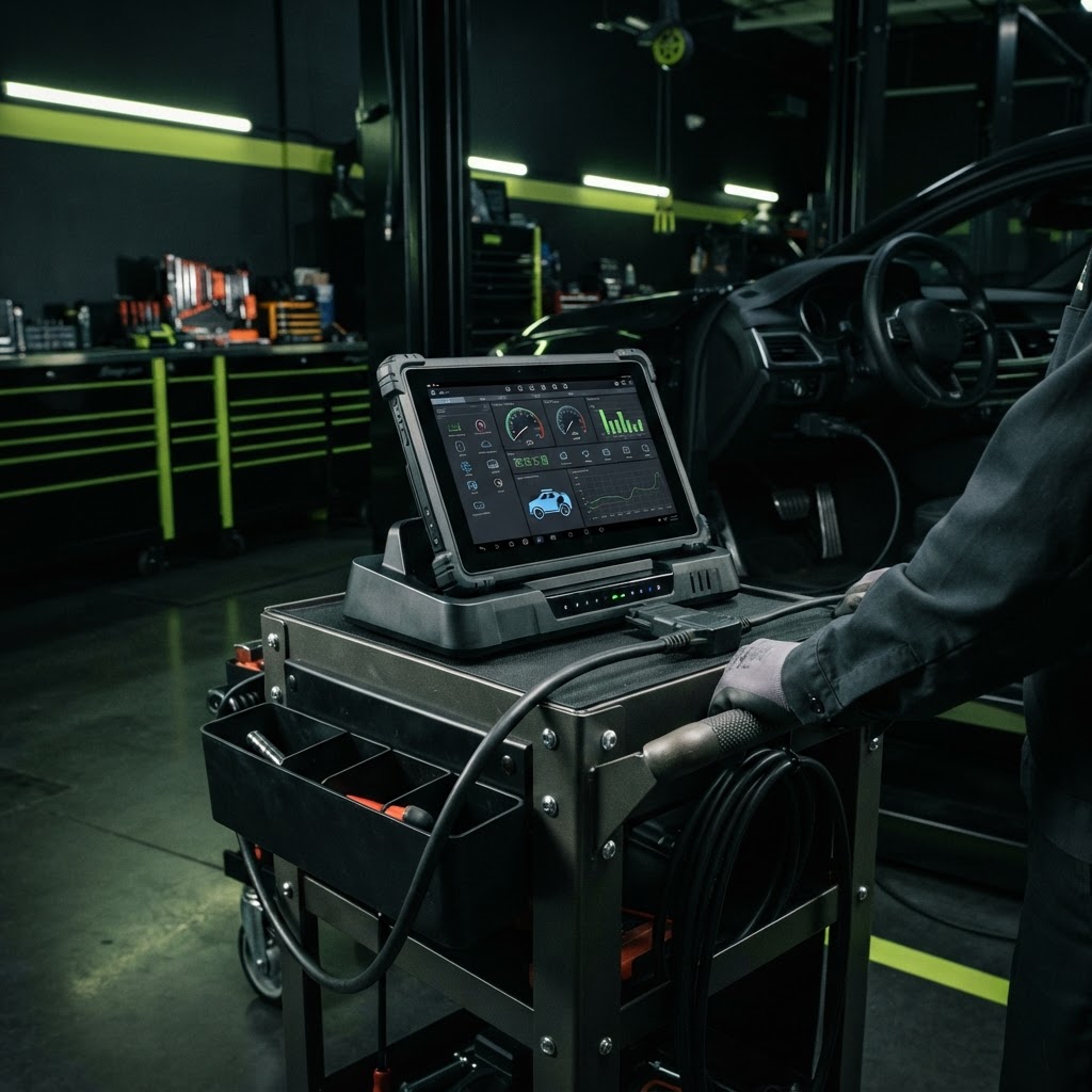 Professional automotive diagnostic scan platform on a rolling cart connected to a vehicle in a modern repair bay.