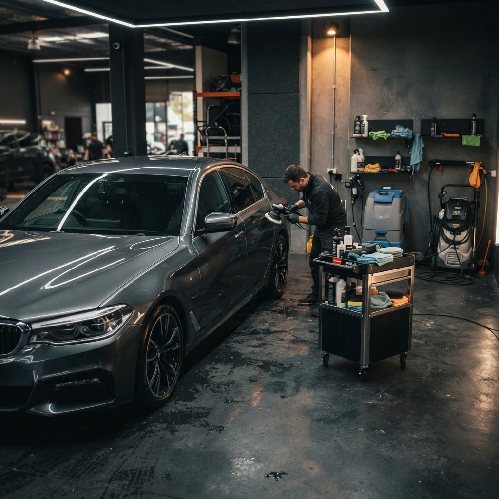 Professional automotive detailing and reconditioning bay with polishing and extraction equipment.