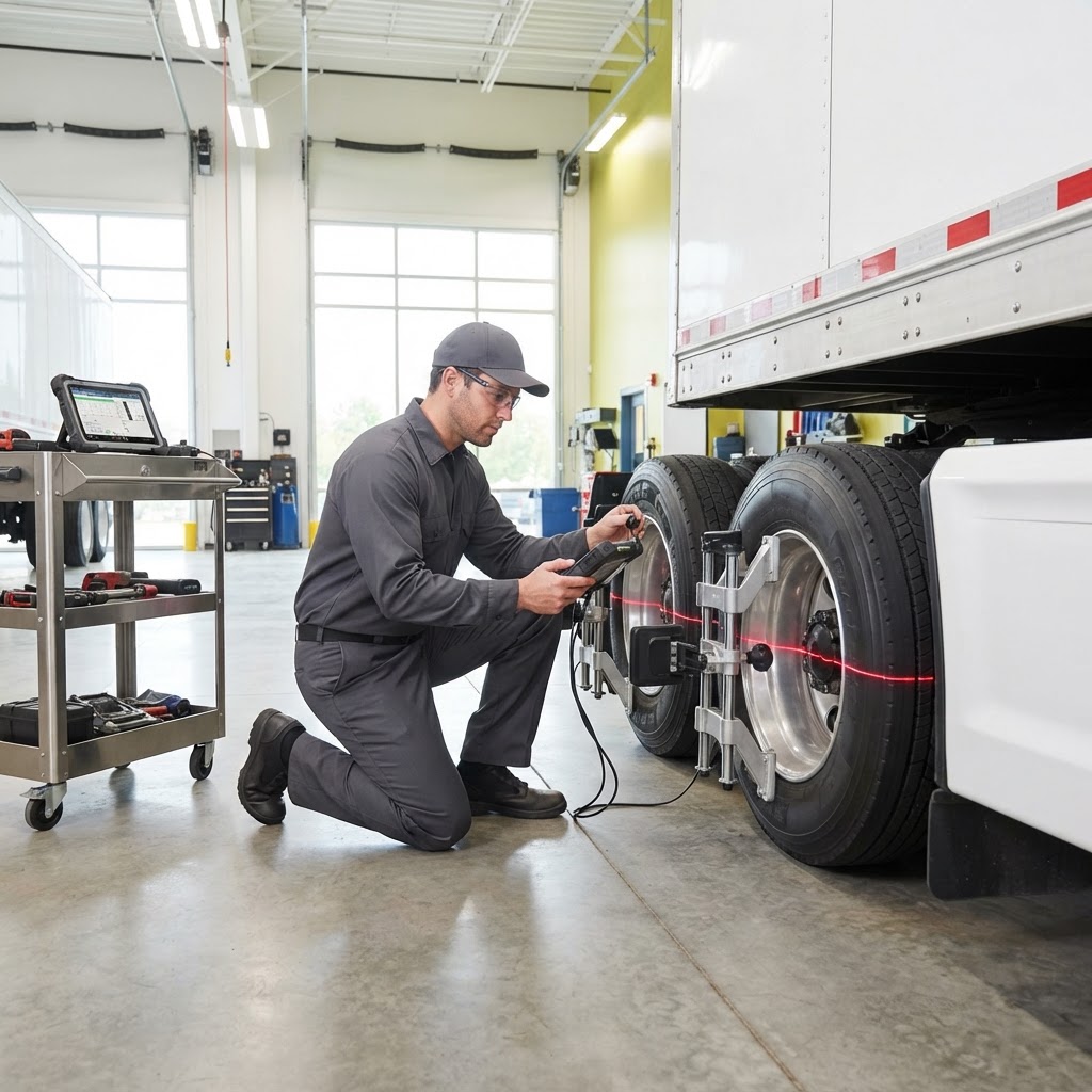 Laser alignment equipment mounted on a semi-trailer axle during a professional alignment setup.