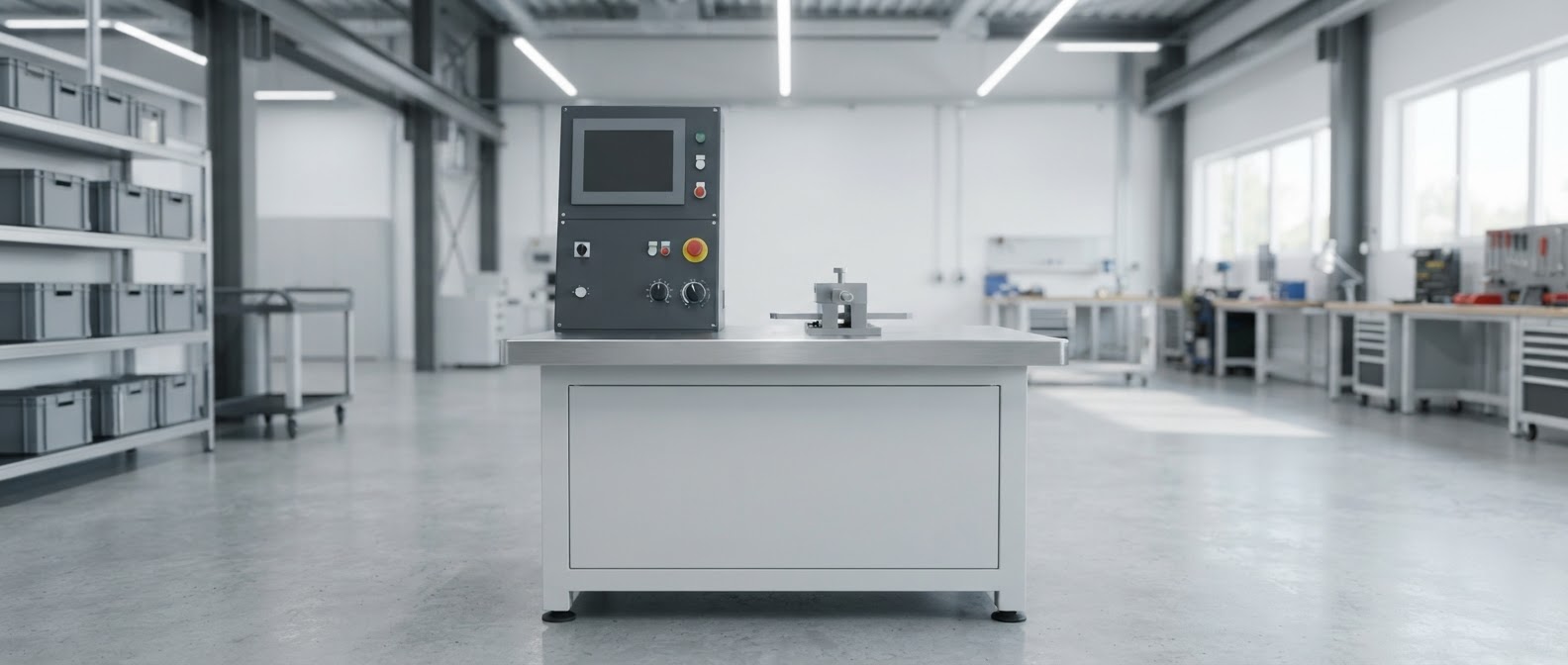 Commercial industrial test bench machine at rest in a bright clean workshop, control cabinet with dark blank screen and a single static fixture on the work surface.