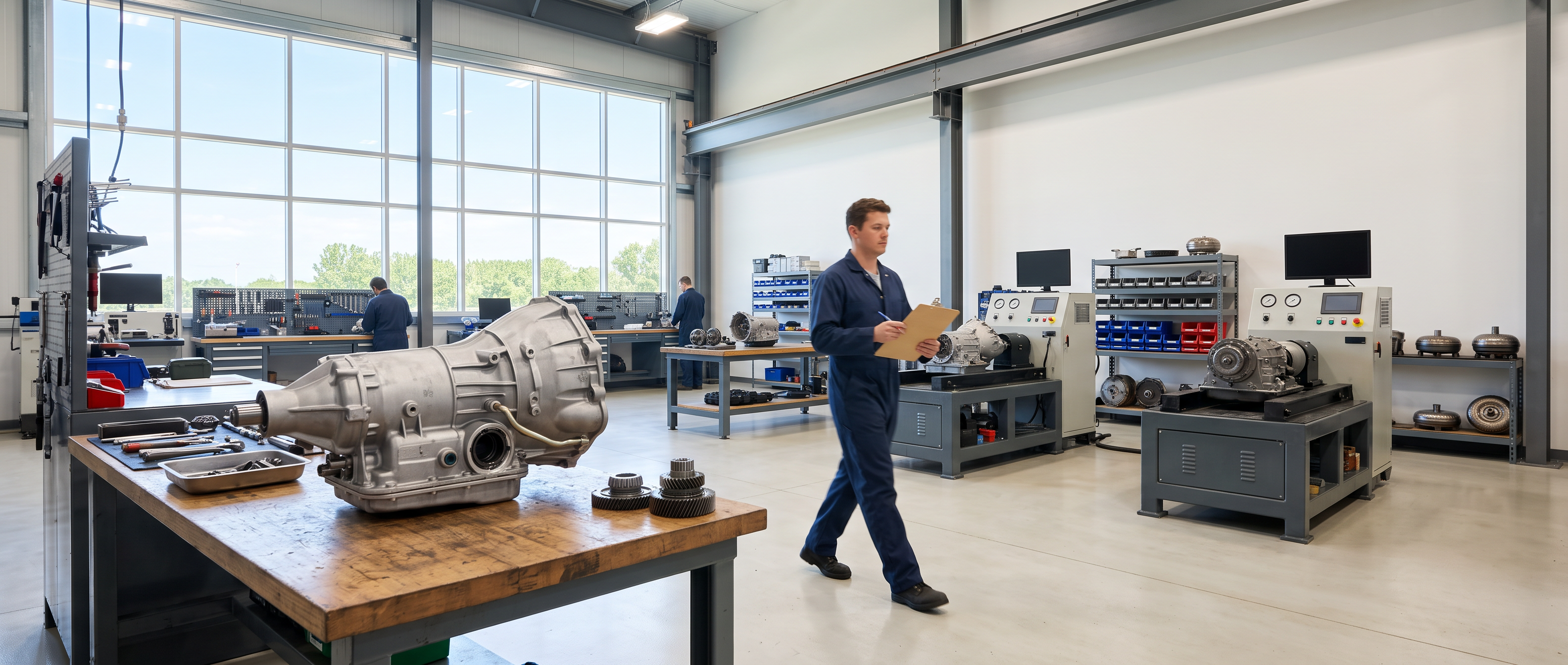 Bright modern transmission rebuilding facility with an automatic transmission on a sturdy workbench, test benches at rest in the background and a technician walking with a clipboard.