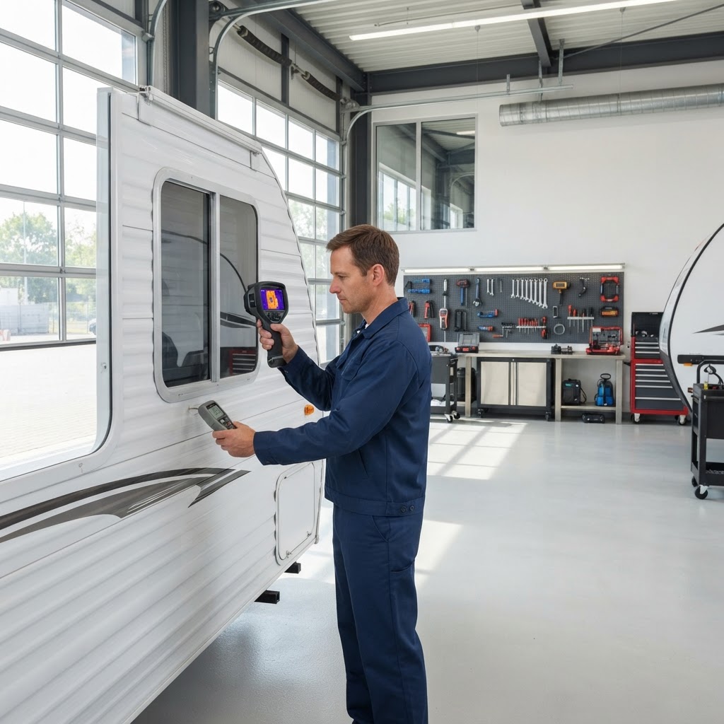 Technician inspecting a travel-trailer sidewall with a professional moisture meter and thermal imaging camera in a bright RV service bay.