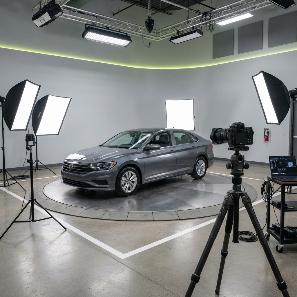 Clean sedan centered on a floor-mounted vehicle turntable in a professional dealership photography bay with studio lighting panels and a camera on a tripod.