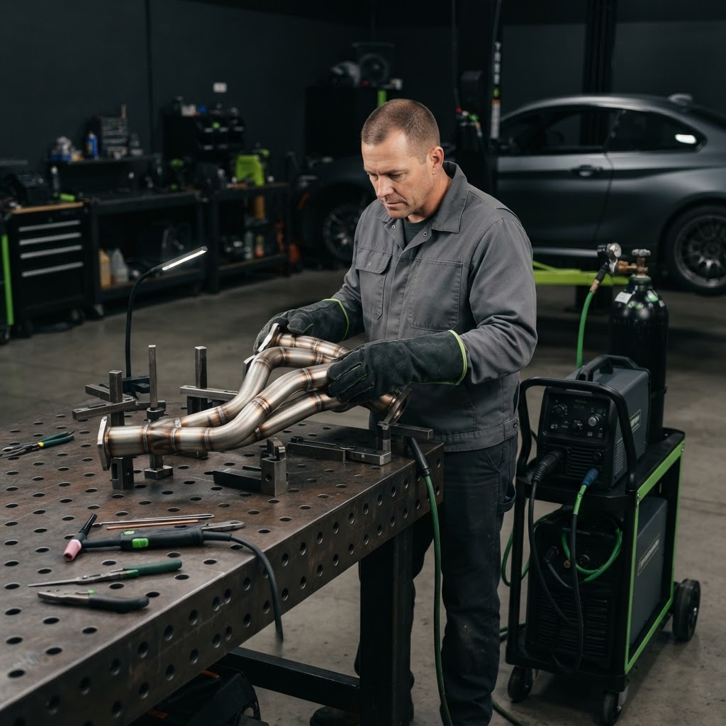 Technician in welding gloves inspecting a freshly fabricated steel tube assembly on a professional fabrication table, TIG welder cart beside, car in the background of a clean dark automotive shop.