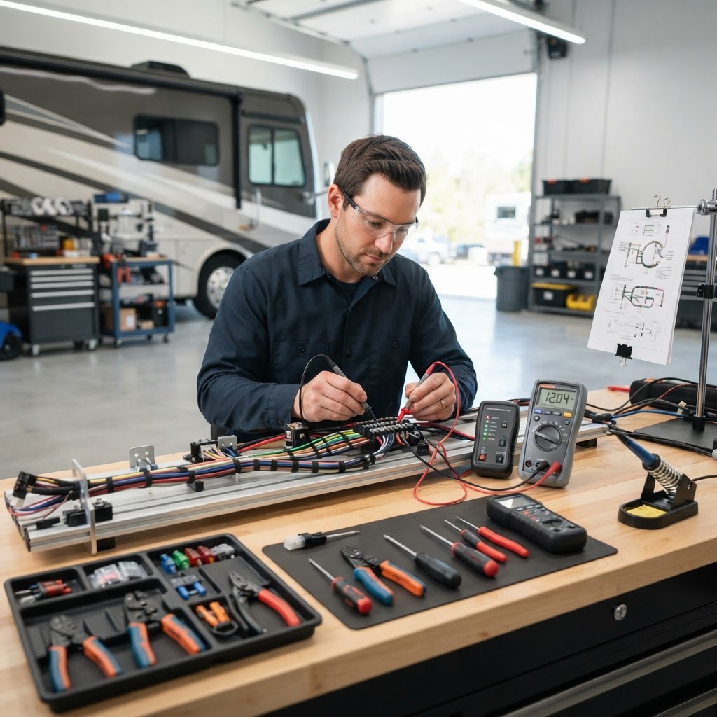 Technician testing RV electrical circuits with a professional multimeter at a clean, organized diagnostic workbench.