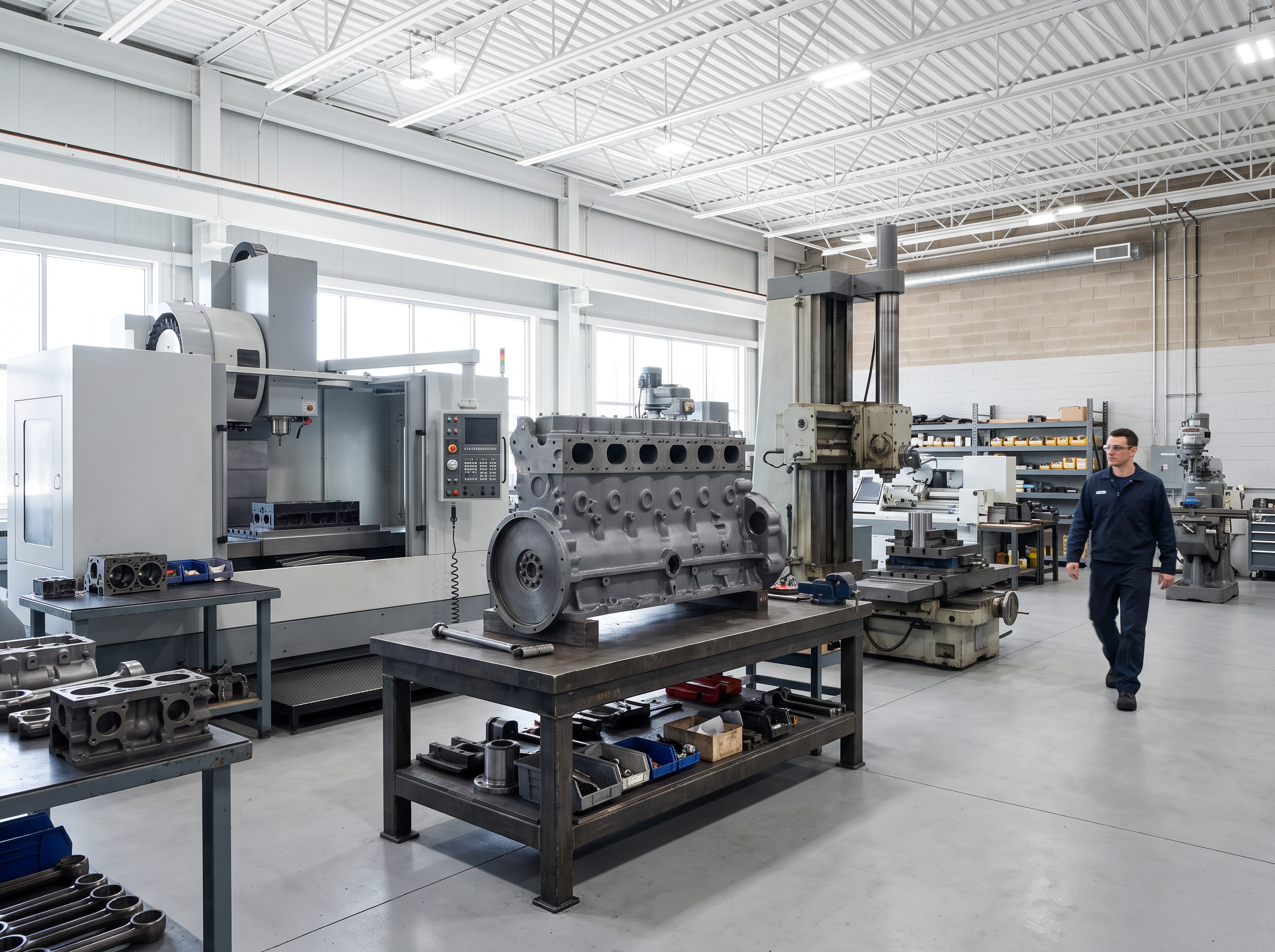 Bright heavy-duty machine shop with a large engine block staged on a heavy workbench and machining machines at rest in the background.