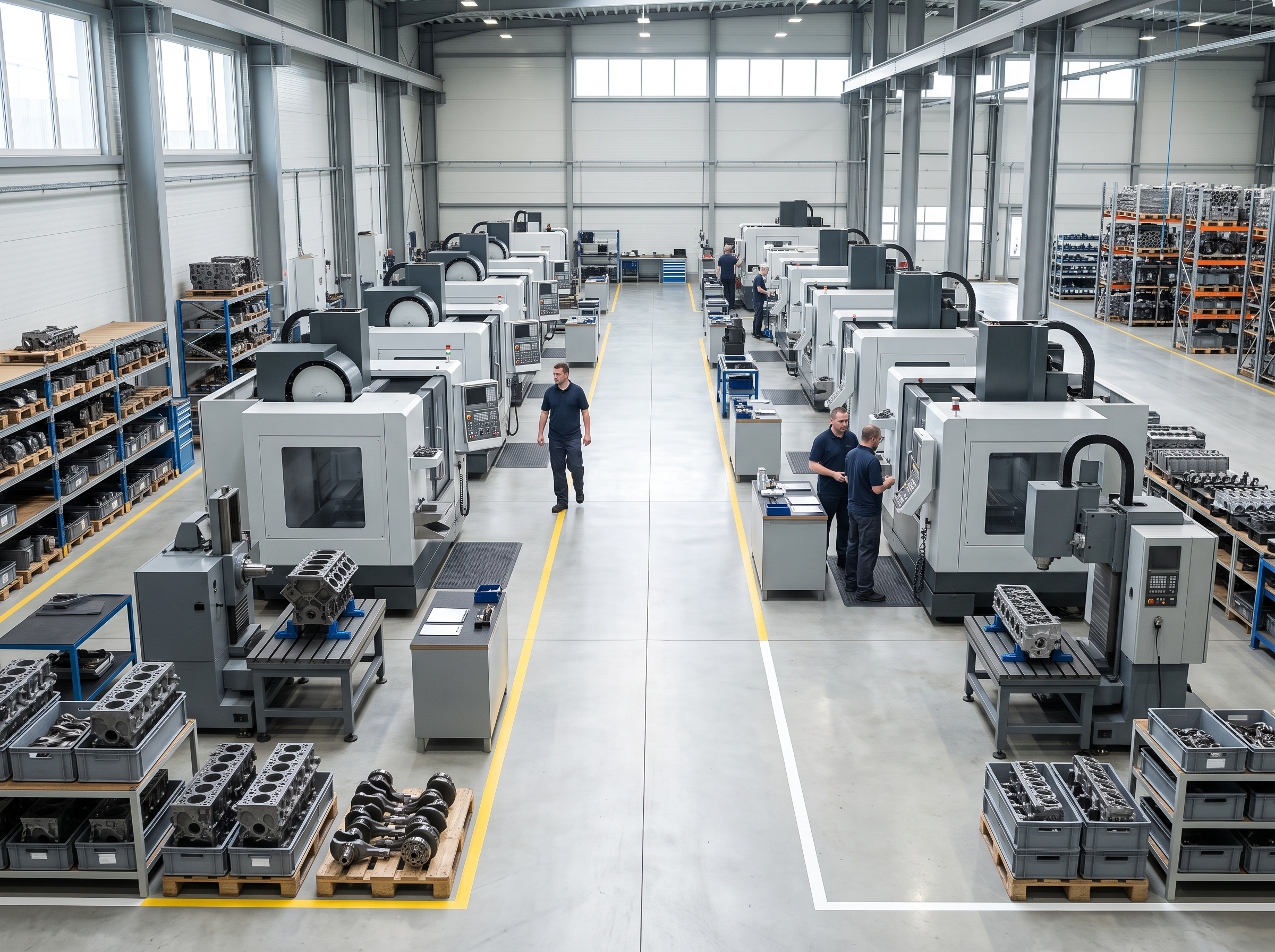 Bright engine remanufacturing production floor with two rows of machining machines, organized component storage and workers monitoring stations.