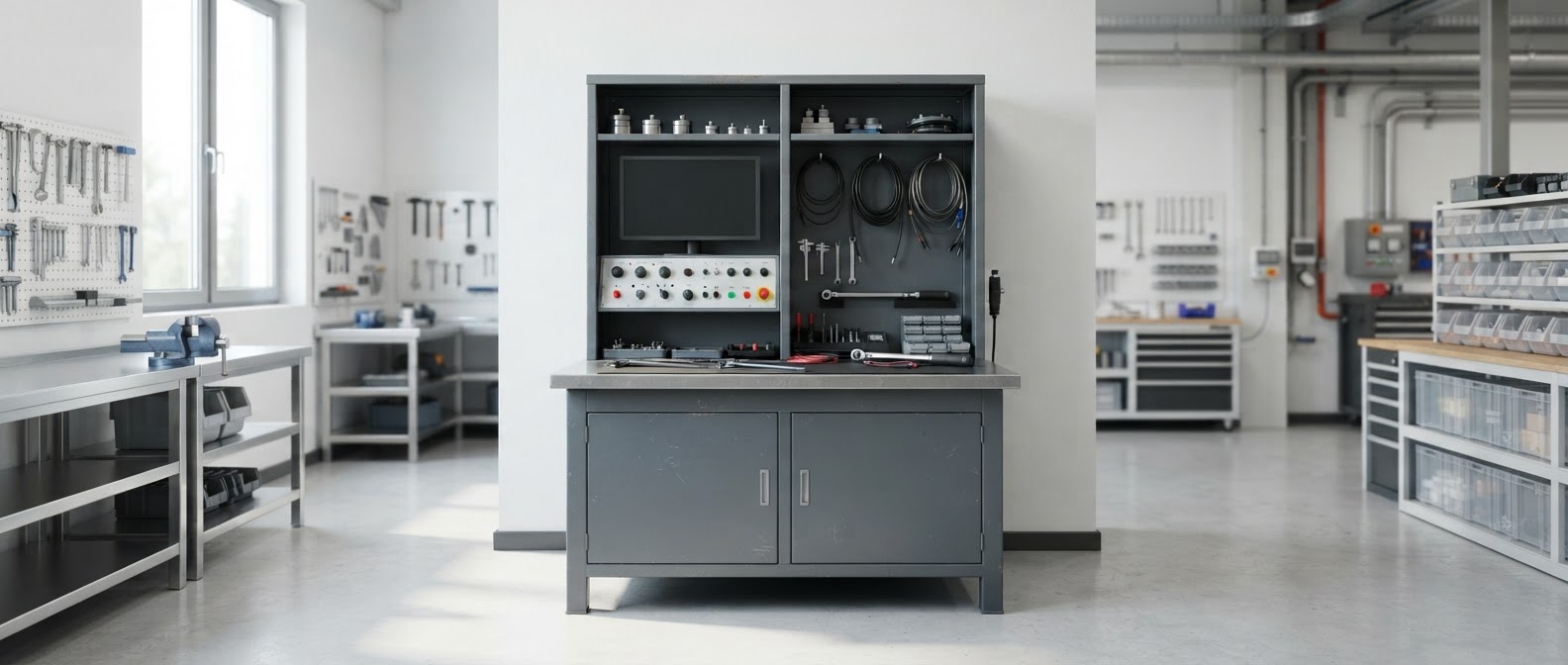Clean quality pre-owned industrial test bench at rest in a bright organized workshop, hand tools hung neatly on the back panel and storage beneath, with light believable wear.