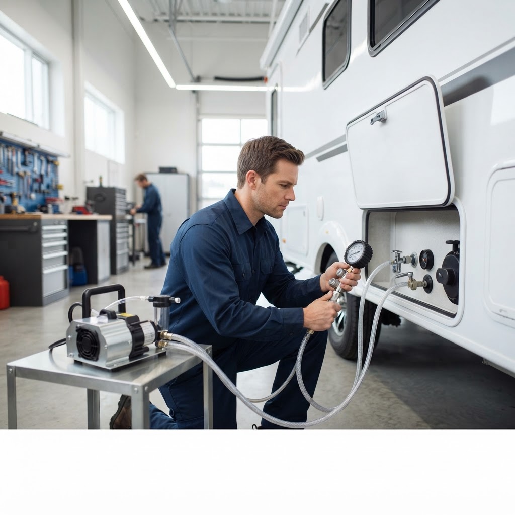 Technician performing a professional water-pressure test at the utility compartment of a travel trailer in a bright service bay.
