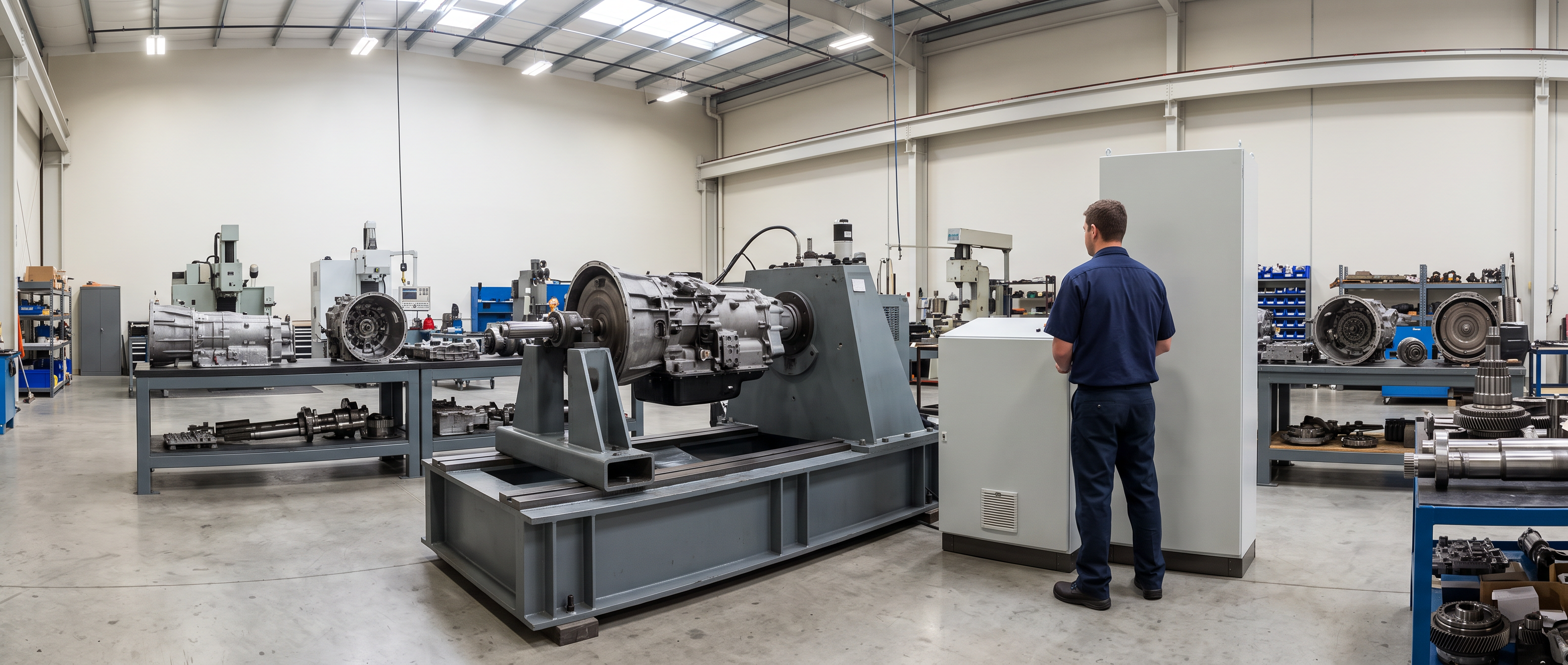 Heavy-duty transmission test area with a large commercial truck transmission mounted low and secure on a massive steel test stand, a technician standing at middle distance beside a blank control cabinet.