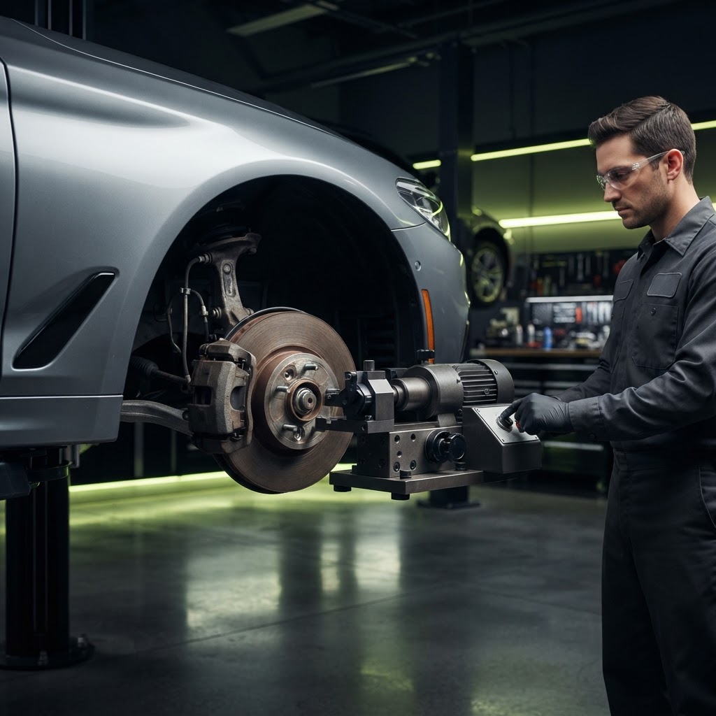 Professional on-car brake lathe mounted at the brake hub of a sedan on a vehicle lift, technician at the controls in a dark commercial service bay.