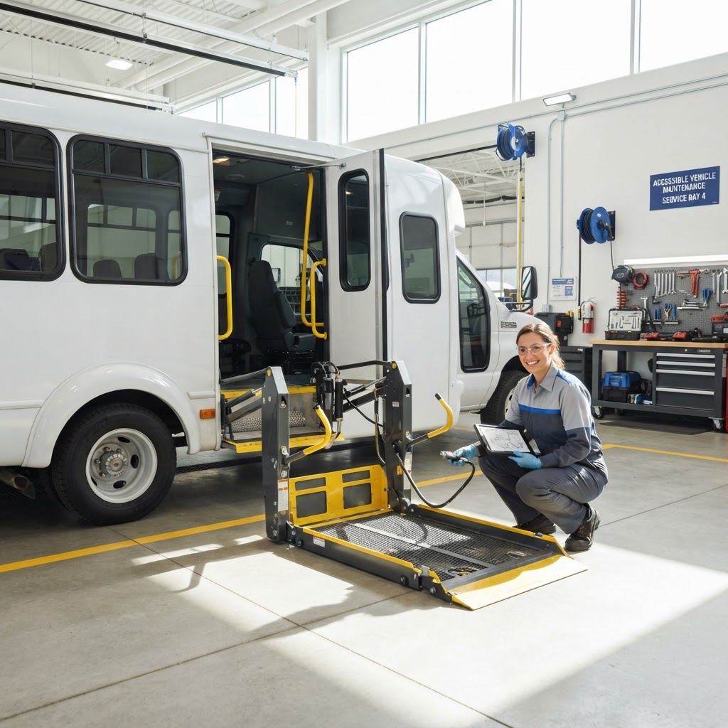 Technician servicing a commercial wheelchair lift system on a shuttle bus with professional test equipment.