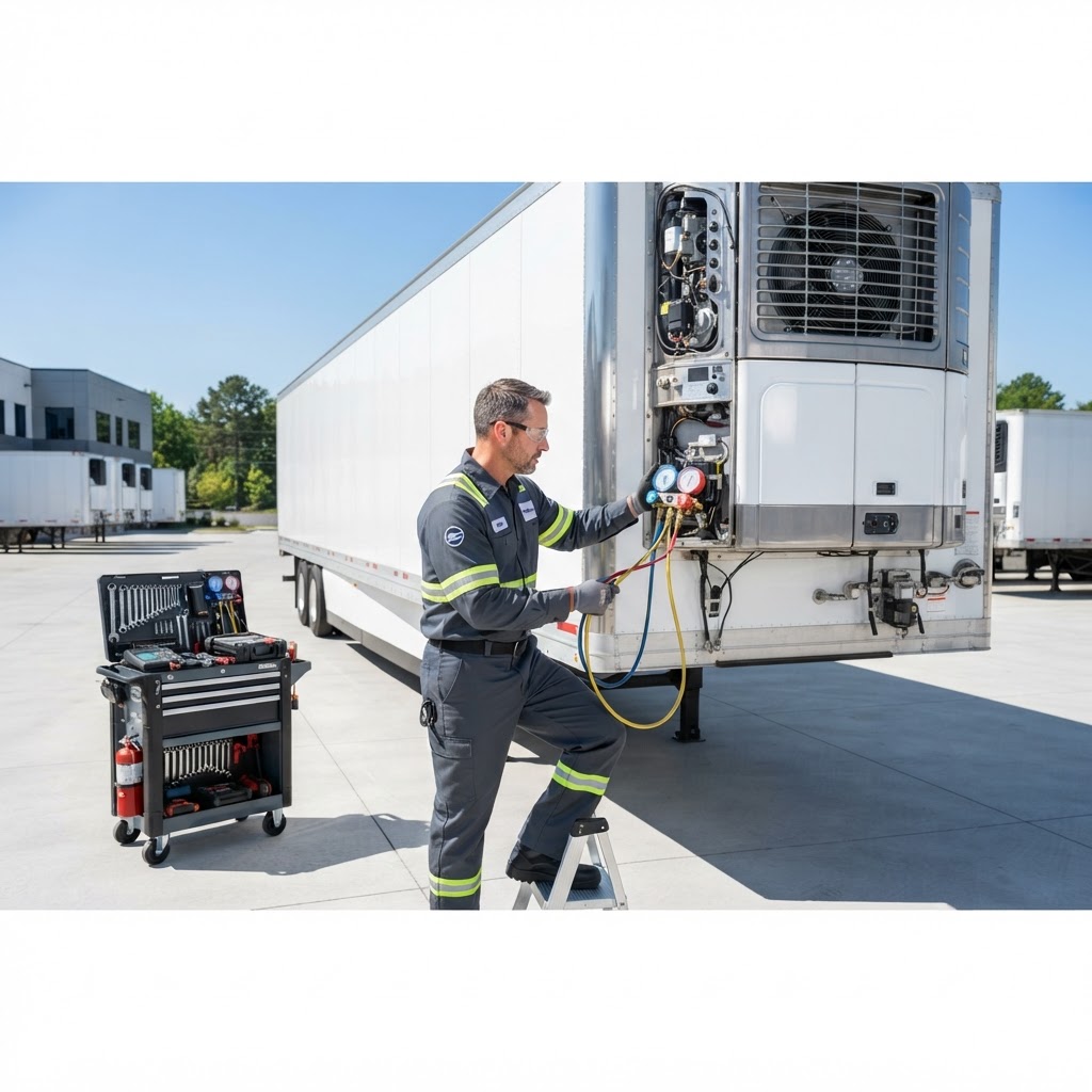 Technician servicing the refrigeration unit of a refrigerated semi-trailer with manifold gauges in a freight service bay.