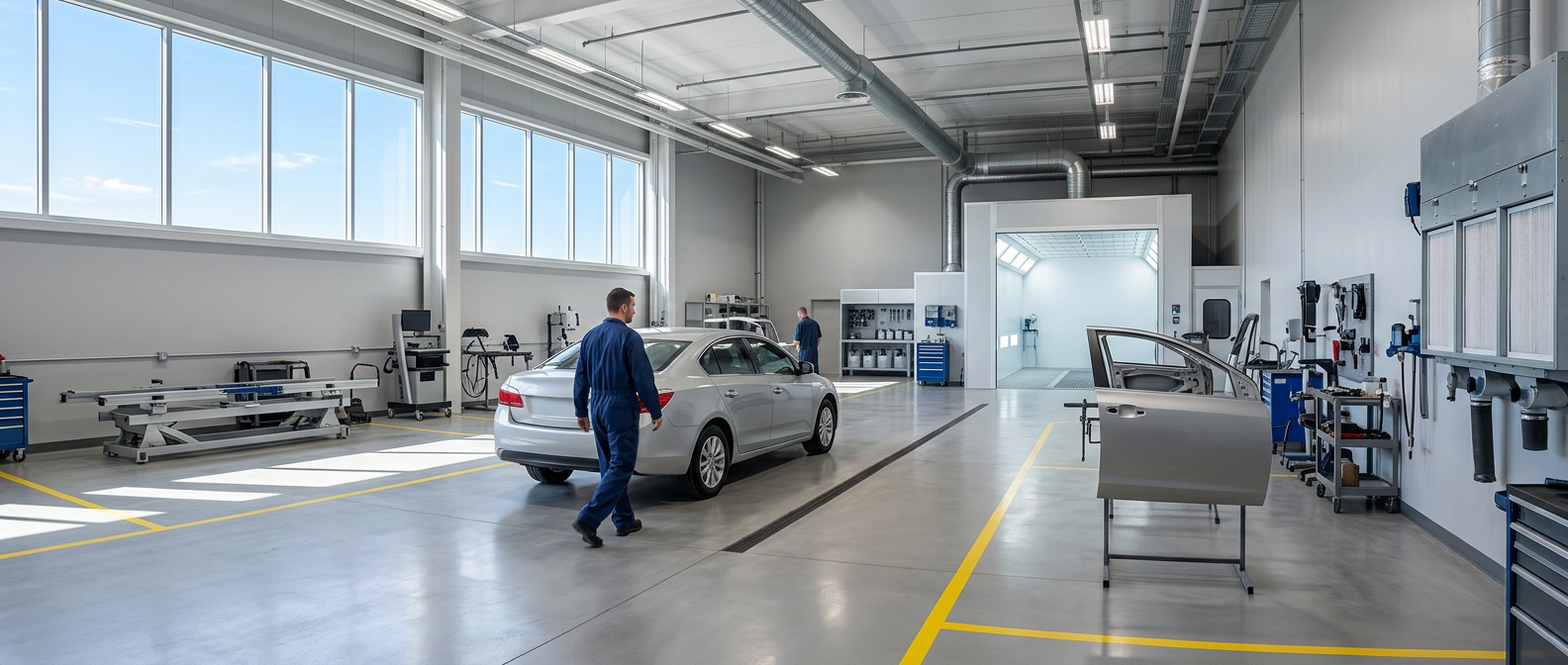 Paint & Refinish Shop Equipment Guide Canada Bright professional refinish facility with a spray booth, prep station and organized workflow in a clean body shop.