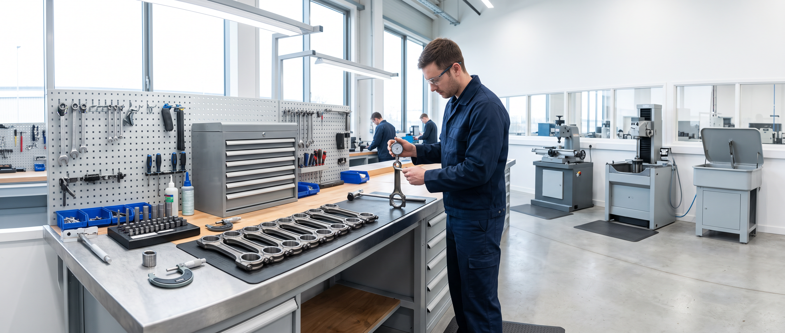 Connecting rod reconditioning bench in a bright machine shop with rods laid out on the bench and a technician measuring one with a dial indicator.