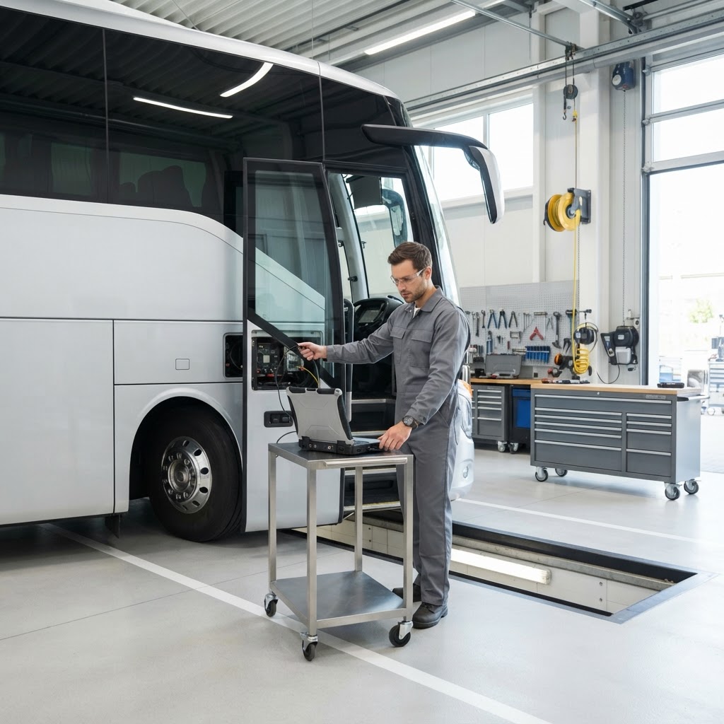 Motorcoach Service Equipment Guide — FixFin Canada Long-distance motorcoach in a bright commercial service bay with professional coach service equipment.