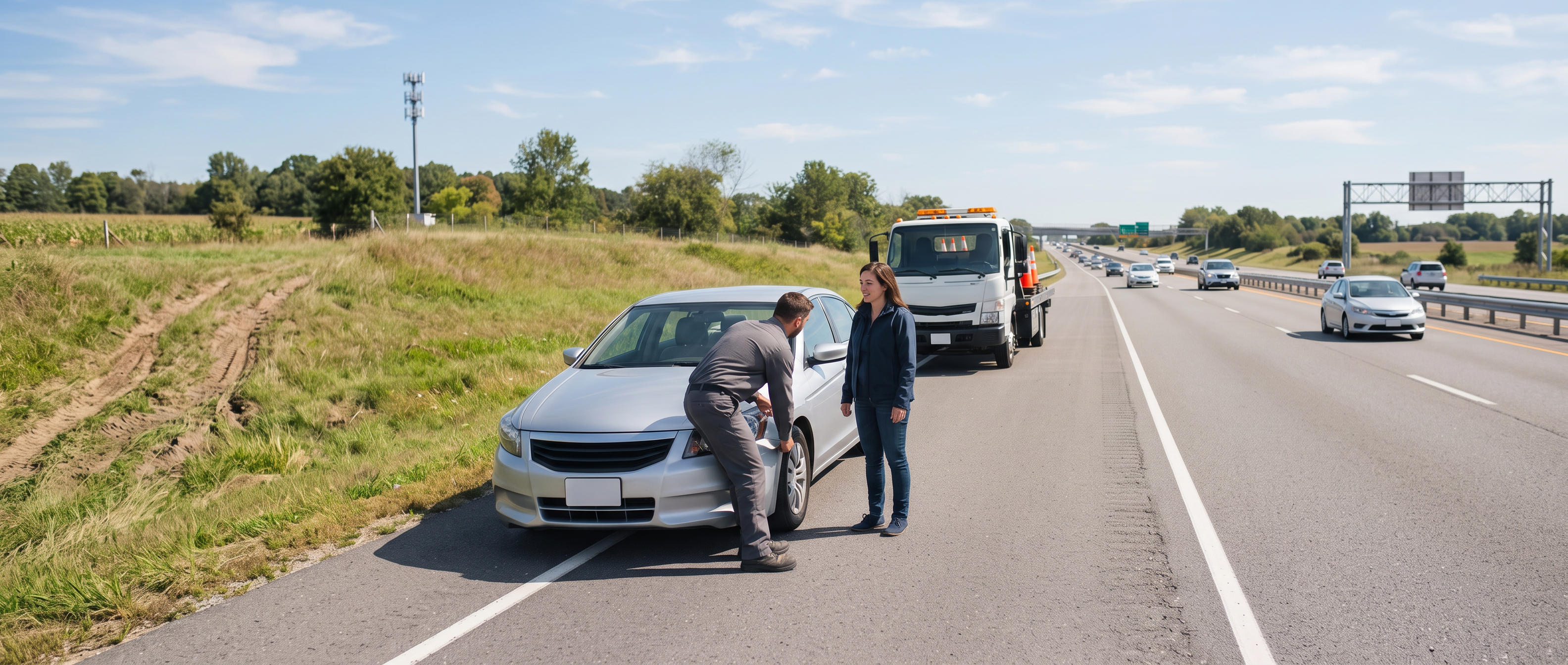 Roadside service van parked ahead of a plain hatchback on a sunny Canadian highway shoulder, professional operator walking with a service case.