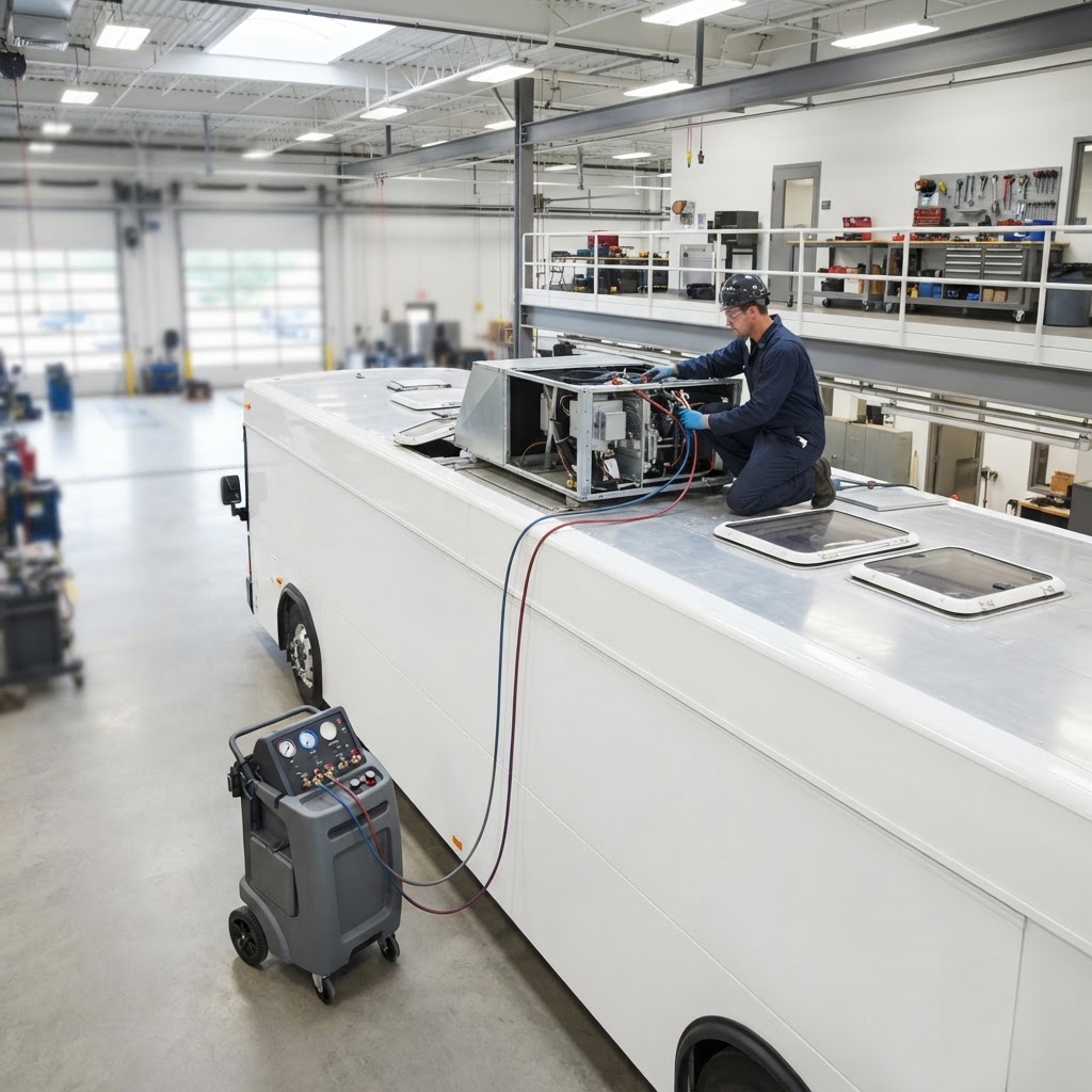 Technician servicing a transit bus rooftop climate-control unit with professional refrigerant recovery and diagnostic equipment.