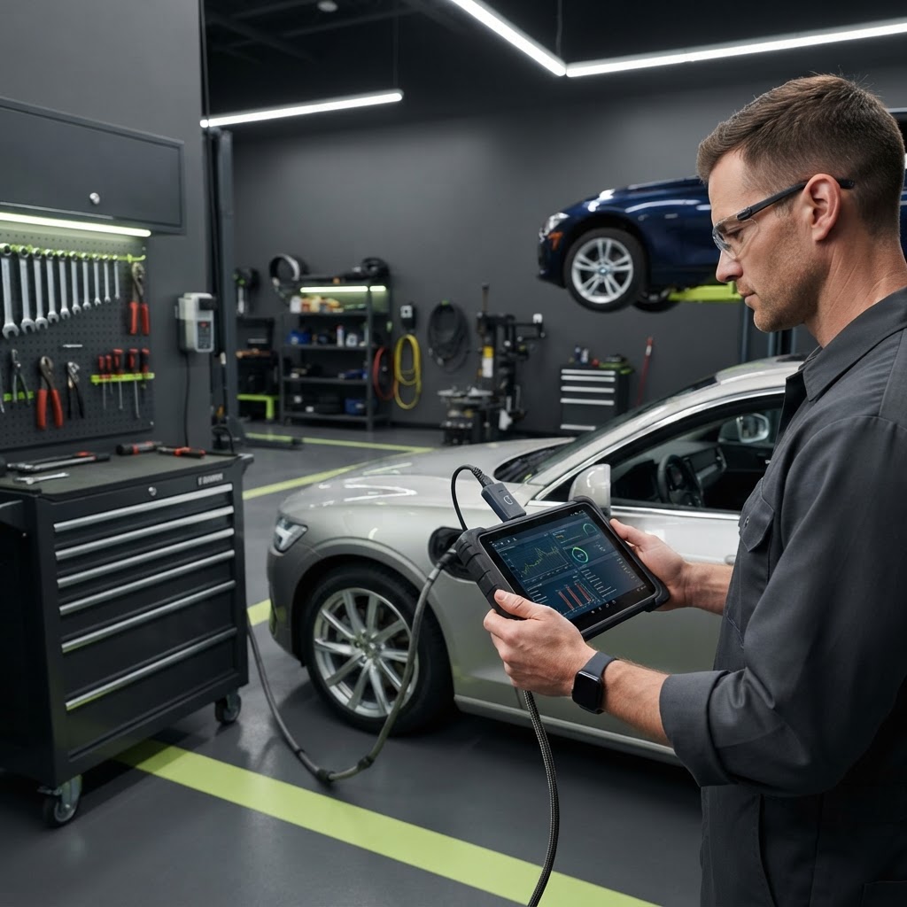 Professional automotive diagnostic workstation with tablet-based platform.