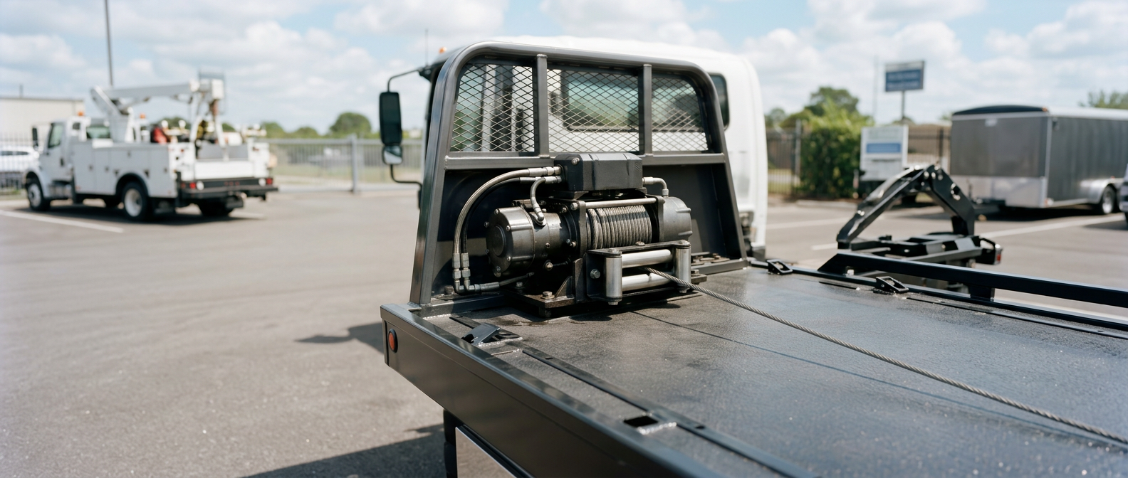 Hydraulic winch mounted on a flatbed tow truck headboard with neatly spooled cable, operator inspecting with a clipboard in a bright yard.