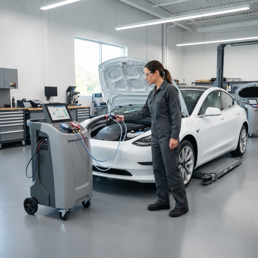 Technician operating professional EV thermal-management coolant service equipment connected to a plain electric vehicle in a bright service bay.