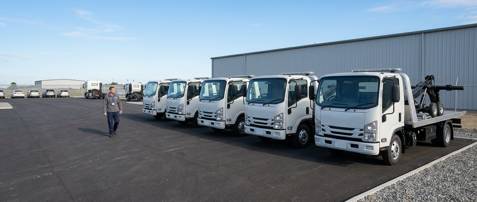 Clean light-duty tow trucks with stowed wheel-lift booms parked side by side in a bright towing yard under a blue sky.