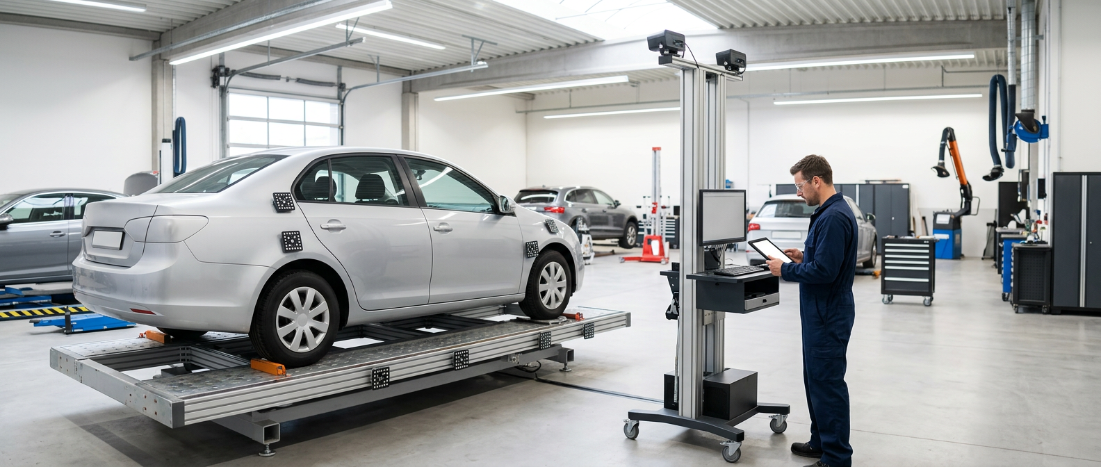 Collision Measuring Equipment Guide Canada Professional electronic vehicle measuring system with targets mounted on a generic car in a bright collision shop.