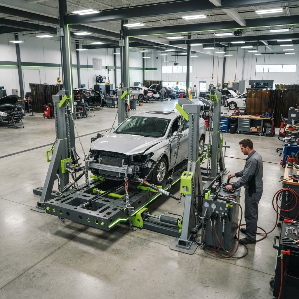 Car body on a frame machine inside a modern collision repair facility.