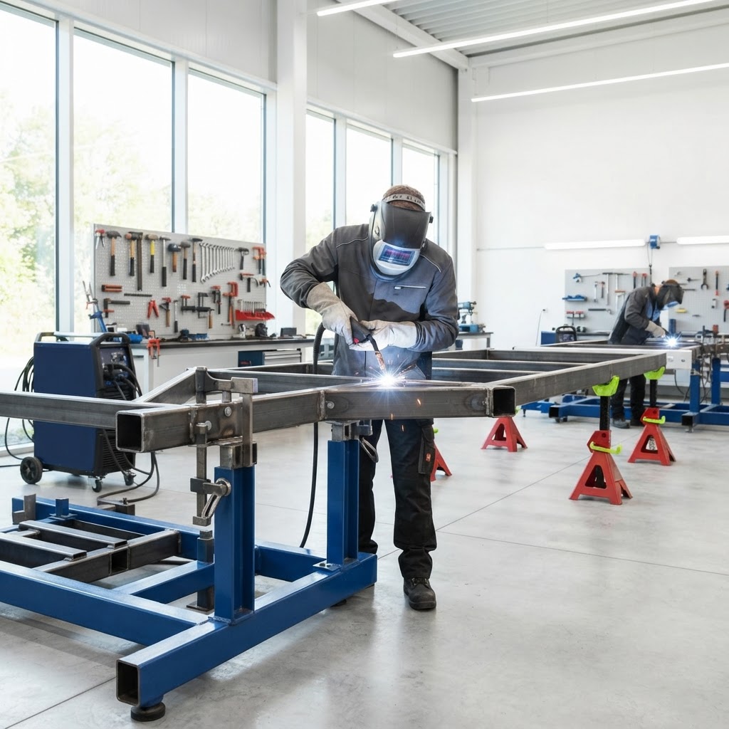 Welder repairing a semi-trailer frame crossmember with clamping equipment in a fabrication bay.