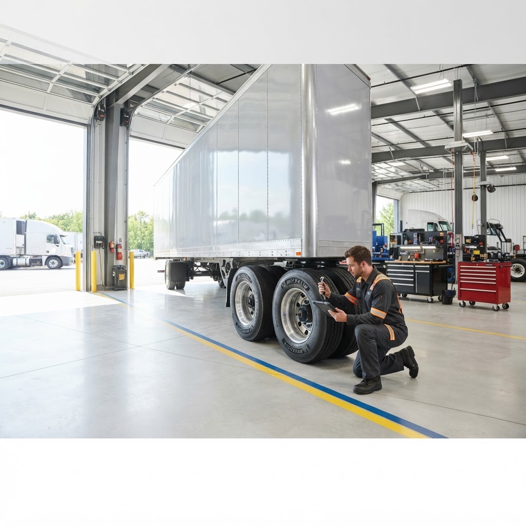 Semi-trailer raised on heavy jack stands inside a professional trailer repair bay with a technician at the wheel-end.