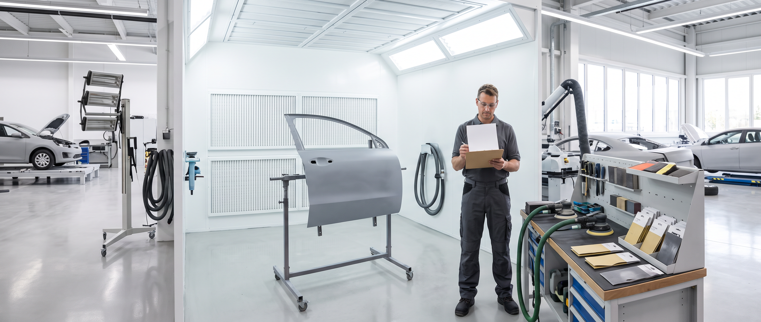 Bright professional paint prep station with an organized sanding workstation, a prepped vehicle panel on a mobile stand and a technician reviewing work in a clean body shop.