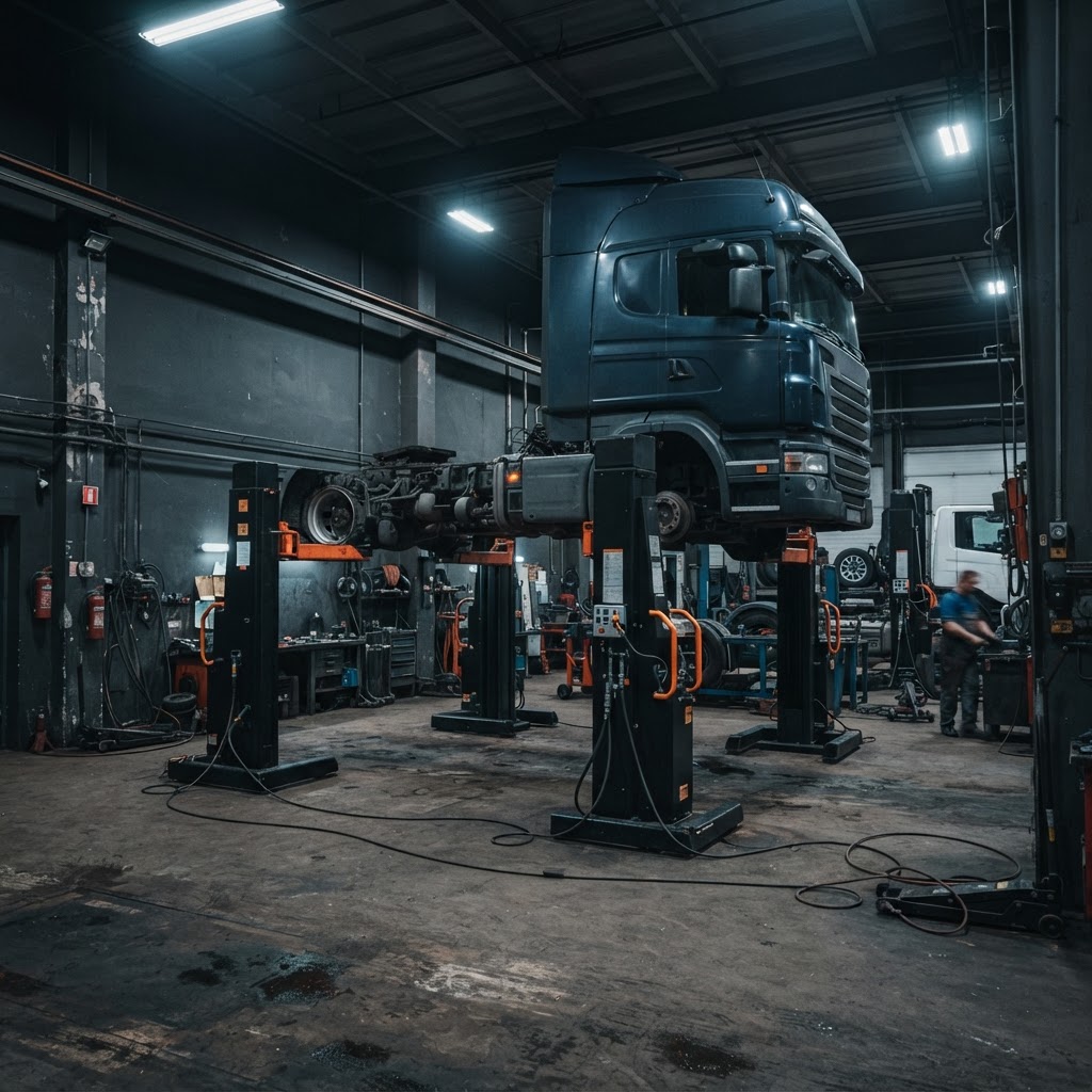 Mobile column lift set raising a commercial truck inside a heavy-duty service facility.
