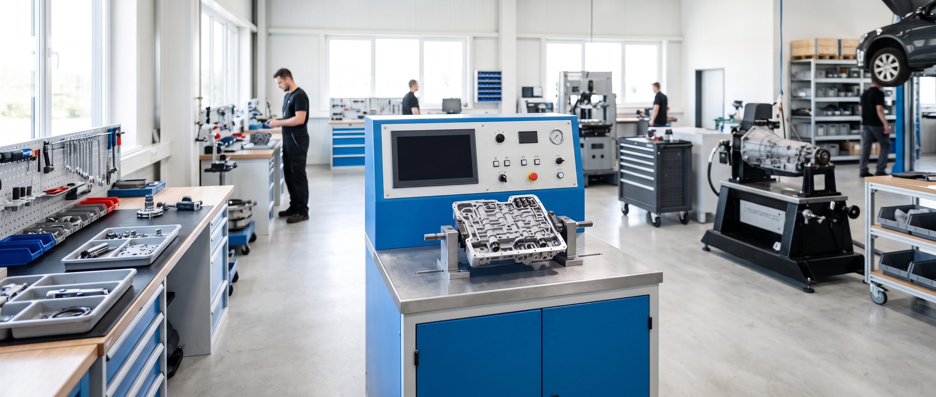 Valve Body Testing Equipment Guide Canada Valve-body test bench at rest in a bright specialty shop, a flat transmission valve body secured in a clamping fixture on the bench with a blank screen and organized tooling nearby.