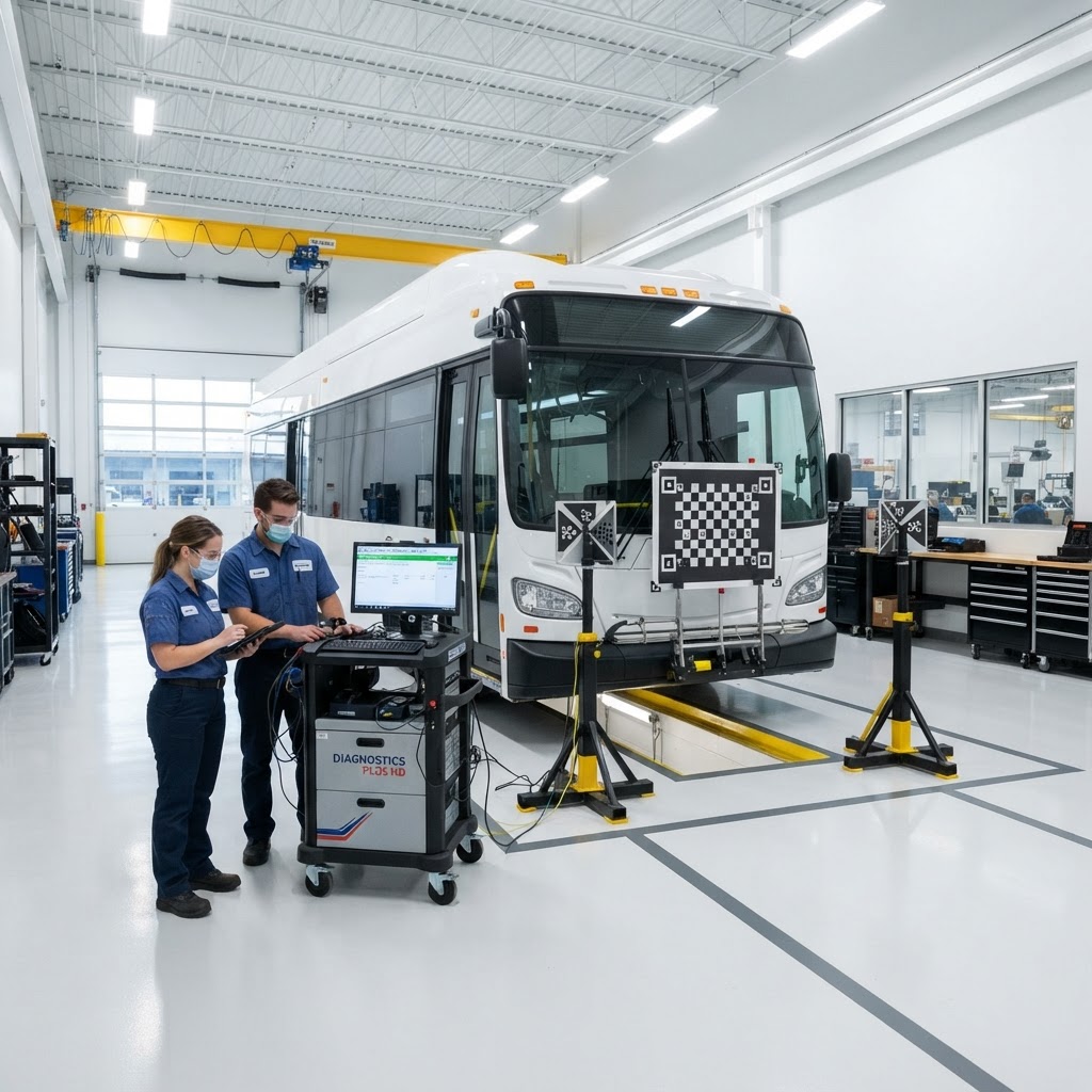 City transit bus positioned in a bright calibration bay with camera and radar calibration target boards and a calibration diagnostic cart.