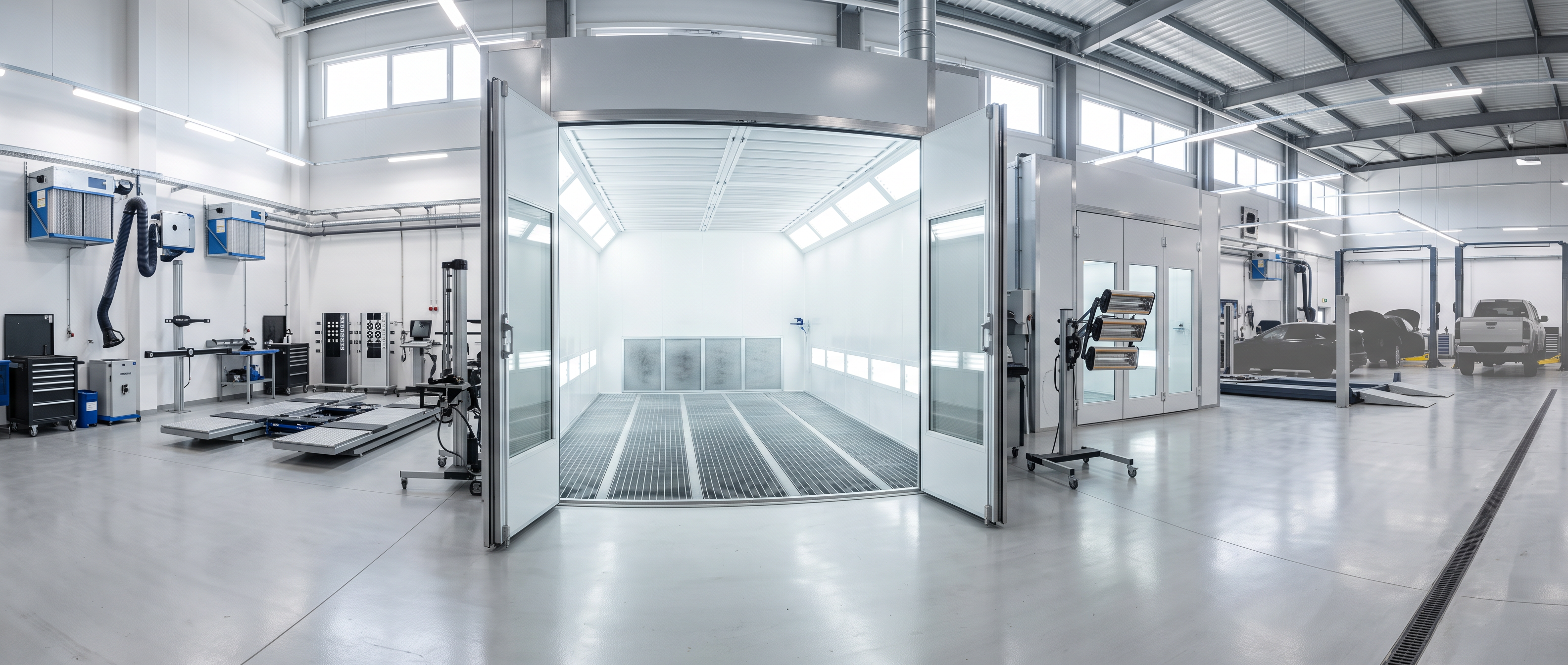 Clean modern automotive spray booth with its doors open showing the bright filtered interior in a professional refinish facility.