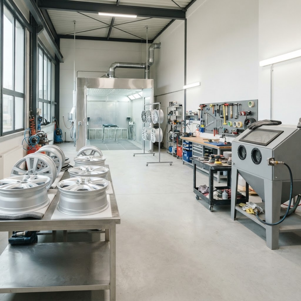 Organized alloy wheel repair and refinishing workshop with staged wheels on a bench, a blasting cabinet and a clean refinishing spray booth in the background.