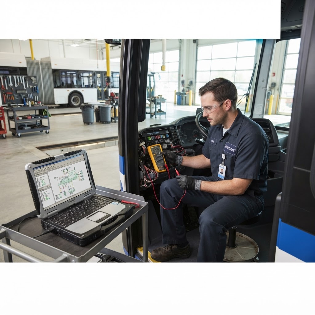 Technician running multiplex electrical diagnostics on a city transit bus with a rugged commercial diagnostic laptop and multimeter.