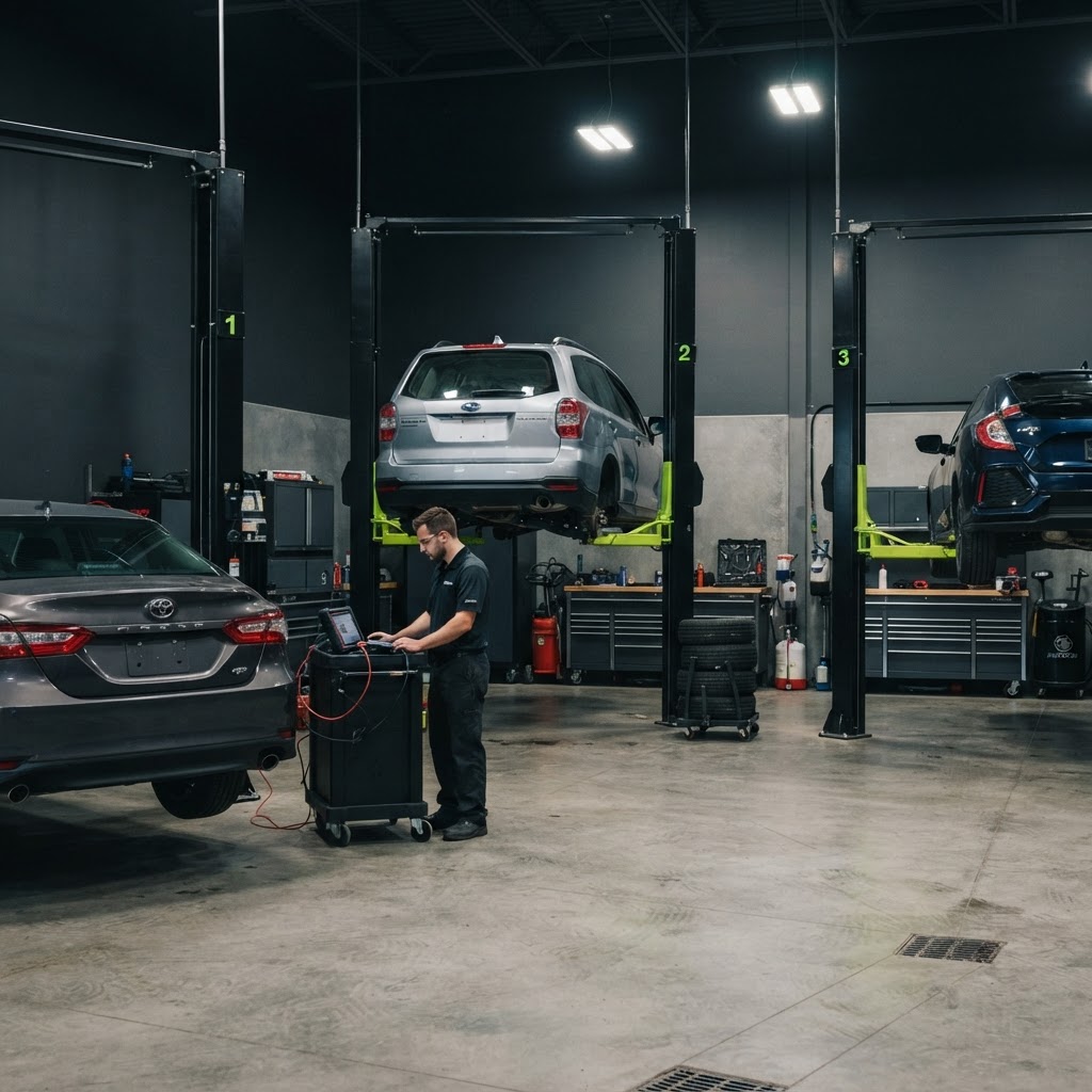 Modern Canadian auto repair shop with vehicle lifts and professional automotive service equipment.
