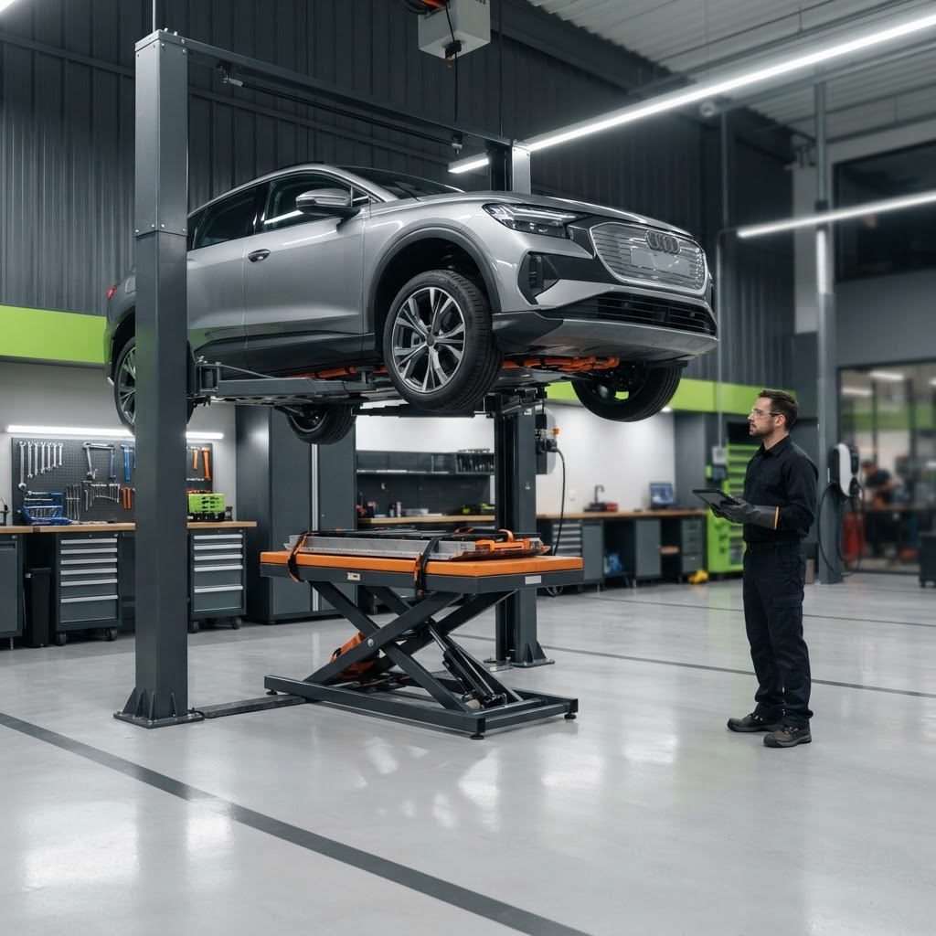 Electric vehicle on a lift with a battery lifting table in an EV service bay.