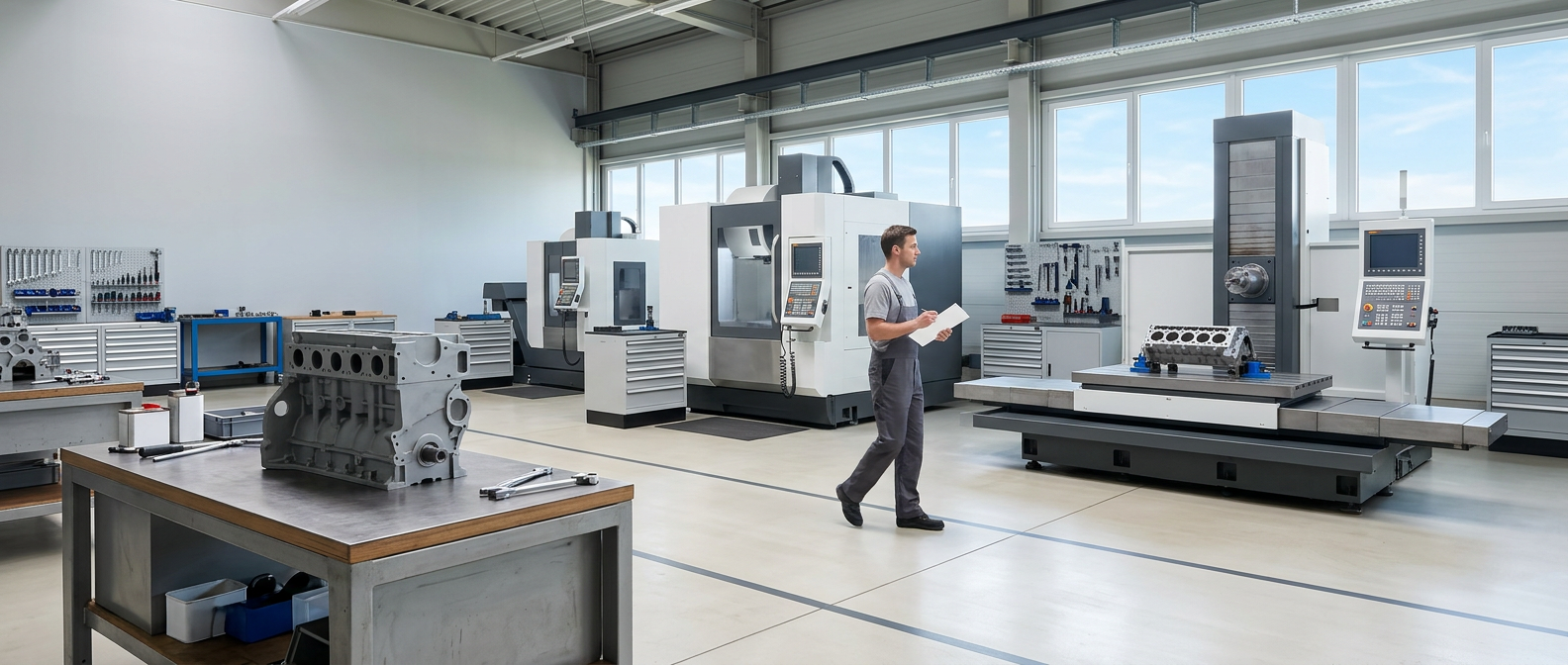 Automotive Machine Shop Equipment Guide Canada Bright modern engine machine shop with a grey engine block on a heavy workbench, machining machines at rest and a technician walking with a clipboard.