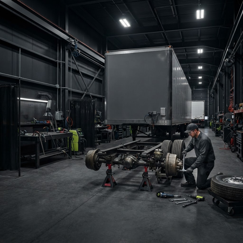 Commercial trailer repair shop with semi-trailer on jack stands and professional service equipment.