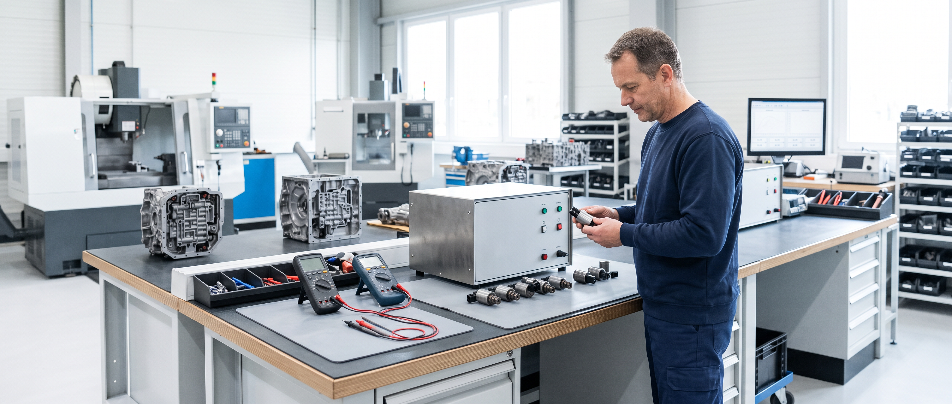 Solenoid test station with a compact electronic test unit on a heavy workbench, transmission solenoids laid out on a mat and a technician holding one, in a bright clean workroom.