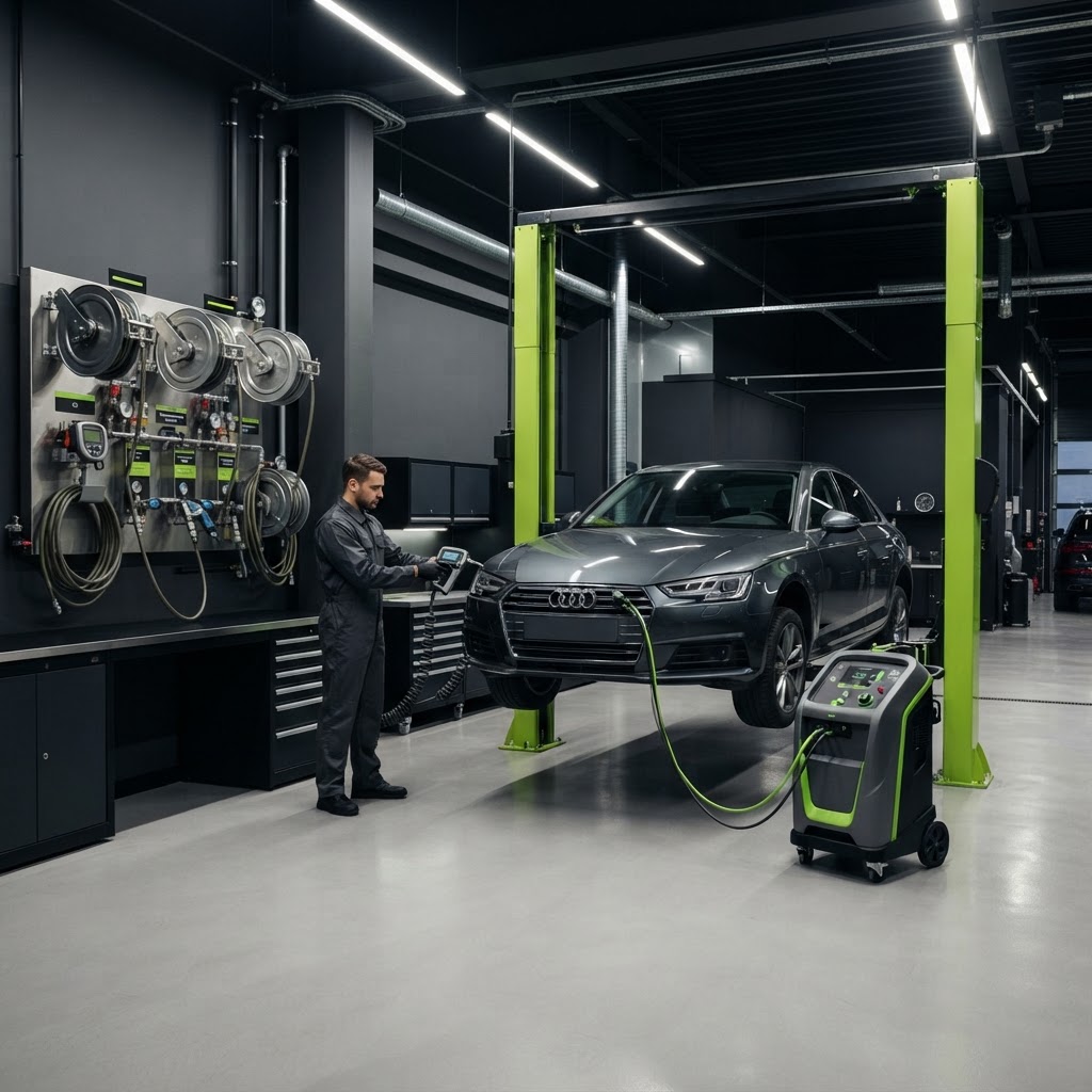 Technician connecting a clean bulk fluid dispensing reel system at a maintenance bay wall with a fluid exchange machine beside a vehicle on a lift.