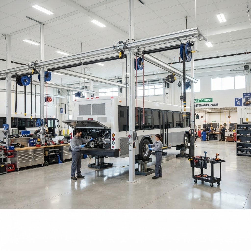 Large commercial transit bus inside a bright professional maintenance depot with heavy-duty service equipment.