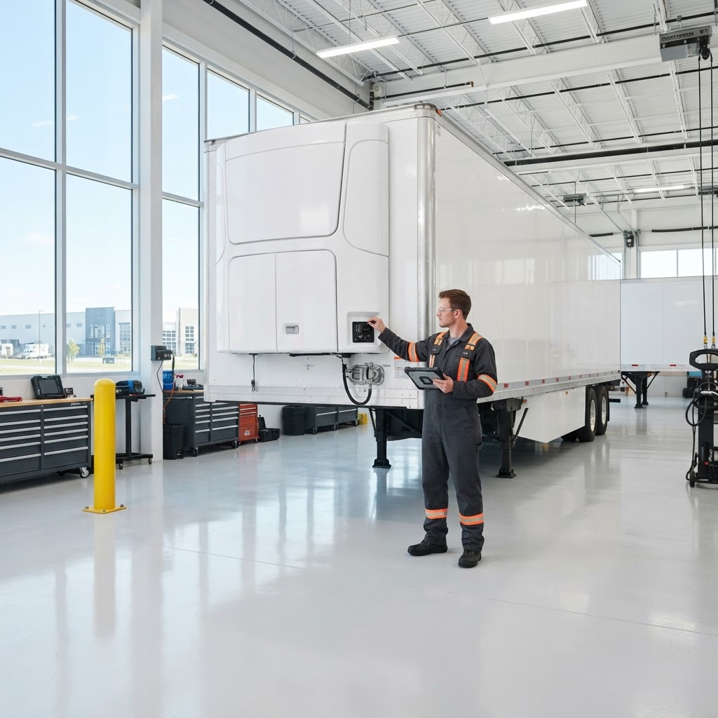 Refrigerated semi-trailer with its refrigeration unit running in a professional service bay, technician with gauges.
