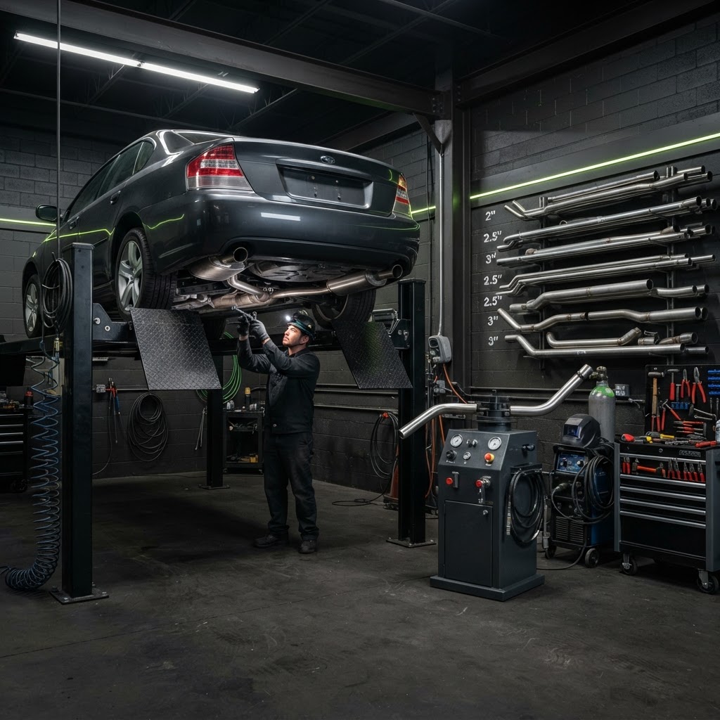 Automotive exhaust service bay with a sedan raised on a four-post lift, technician working on the exhaust system, hydraulic pipe bender and organized racks of exhaust tubing along the wall.