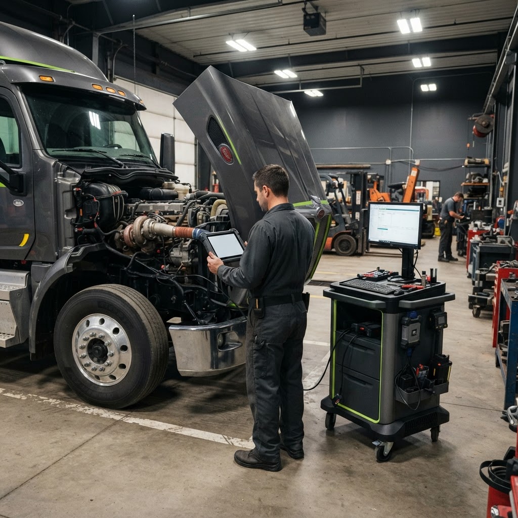 Heavy-duty diesel diagnostic equipment in professional use Technician using a rugged diagnostic tablet beside the open hood of a heavy-duty diesel truck.