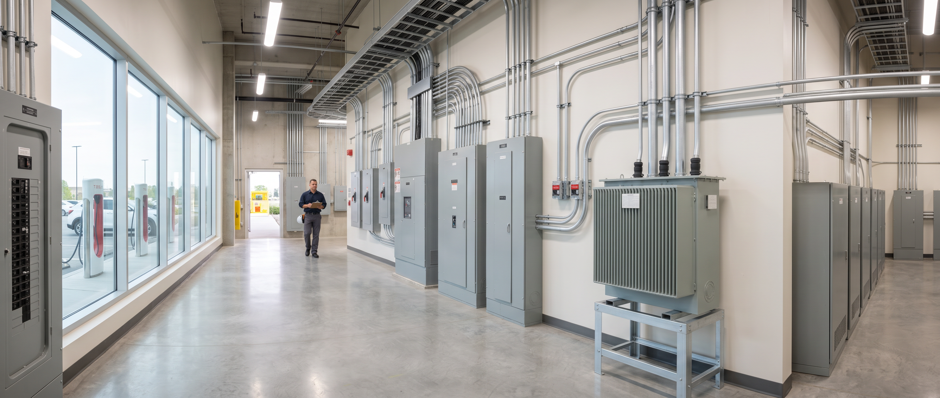 Wide view of a bright, clean commercial electrical room with organized switchboards and closed panelboards, a dry-type transformer unit and tidy conduit runs, an electrician walking with a clipboard.