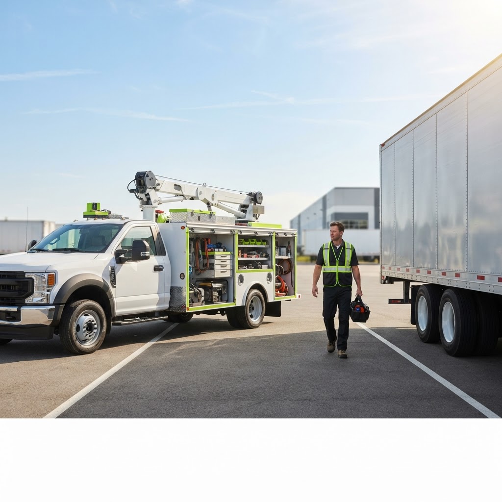 Mobile trailer service truck with hydraulic crane working beside a semi-trailer in a bright, sunny freight yard.