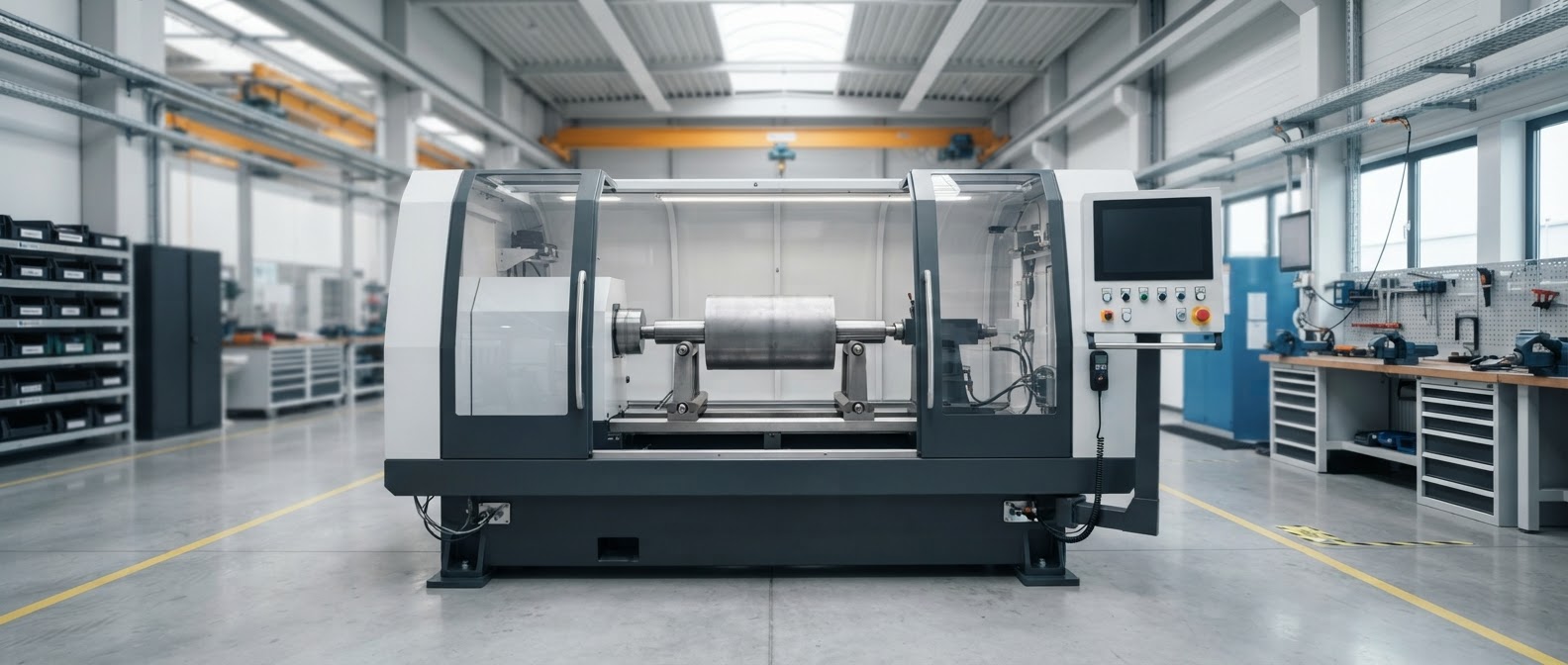 Professional industrial balancing machine standing stationary in the center of a bright, well-lit workshop, solidly grounded on its machine base.